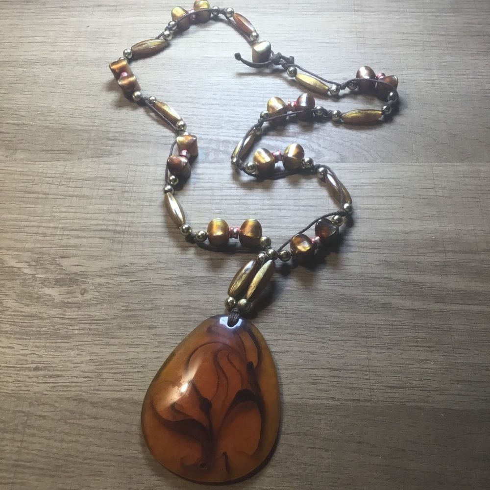 Beaded Amber Necklace with Gold Accents and Teardrop Pendant